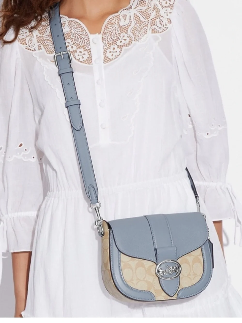 COACH Georgie Saddle Bag In Signat Canvas COLOR:
Silver/Light Khaki/Marble
Blue - Picture 2 of 16